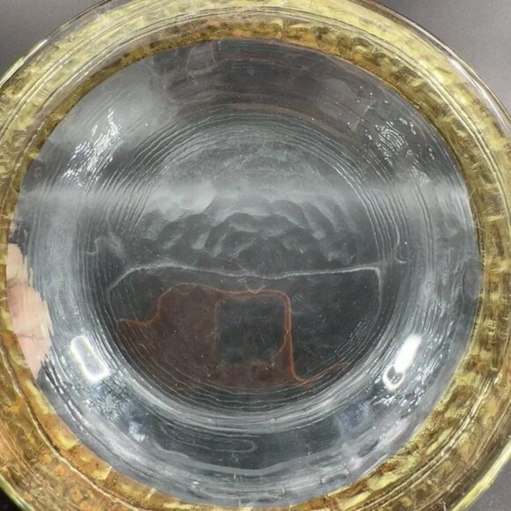 Vintage Italian Hand Made Fused Art Glass Plate Dish Transparent Green With Gold